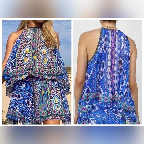 NWT Zara Geometric Print Blue Rhinestone Trim Sleeveless Swing Blouse Size XS - Picture 8 of 8